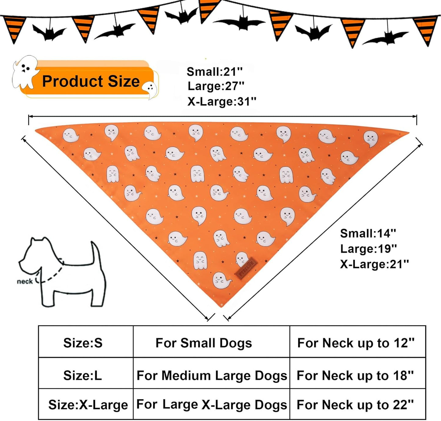 PTDECOR Halloween Dog Bandana, Cute Ghost Pumpkin Design Reversible Holiday Pet Scarf, Adjustable Orange Yellow Halloween Bandanas for Medium Large Dogs Pets (Large)