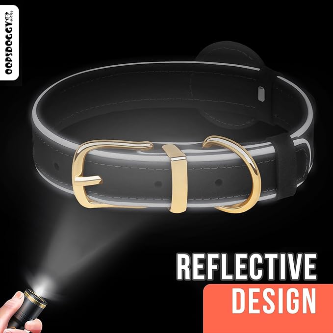OOPSDOGGY Reflective Geniune Leather Airtag Dog Collar Soft Padded Collars for Small Medium Large Breed Dogs Puppy, 4 Sizes, 7 Colors (Black, Small, 9"-12")