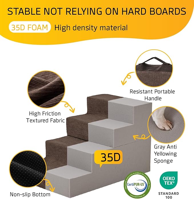 Dog Stairs for High Bed, Dog Steps for Bed Couch Sofa, 35D Foam Extra Wide Pet Steps for Small Dogs and Cats, Pet Stairs with Non-Slip Bottom Brown, 4 Steps