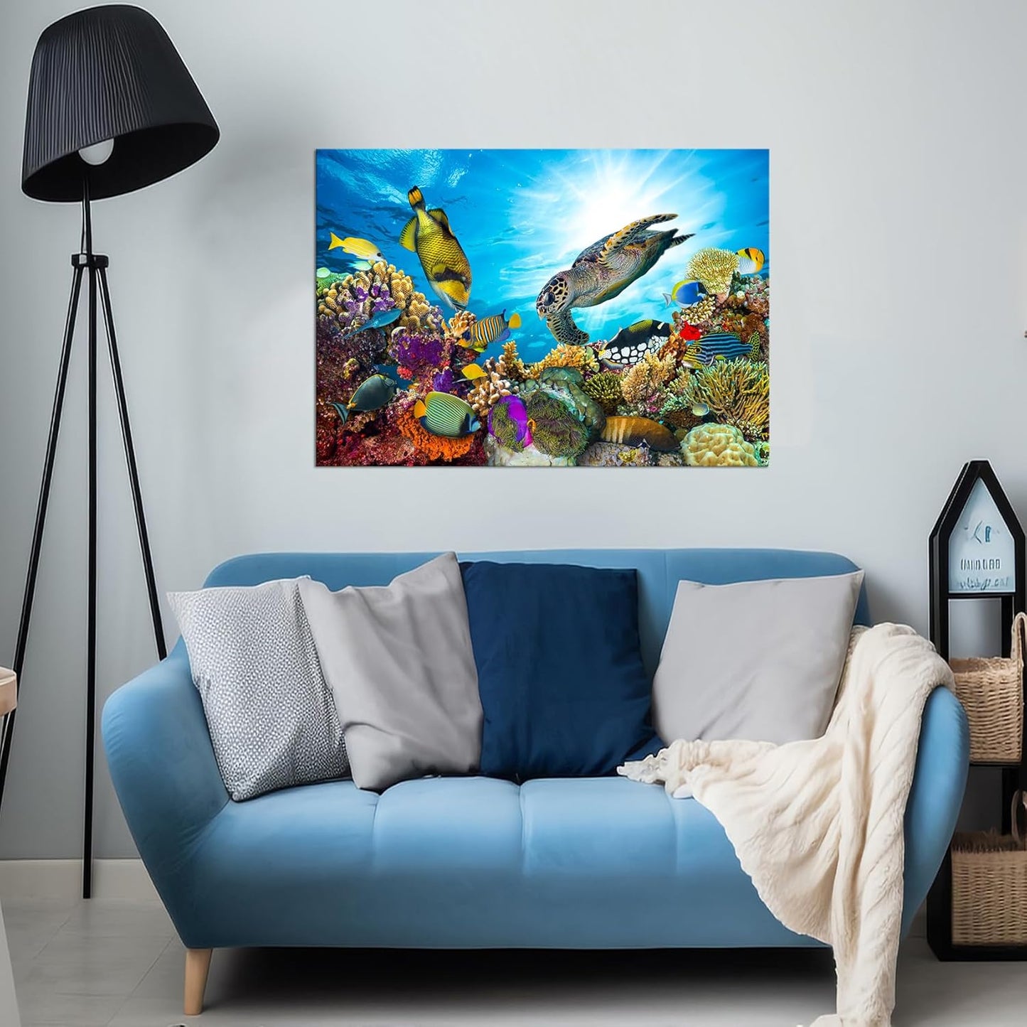 Large Wall Decor Colorful Sea Underwater World Coral Sea Turtle and Tropical Fish Painting Gallery Wrapped Ready to Hang Picture Artwork for Living Room Kids Nursery Room 28"x40"