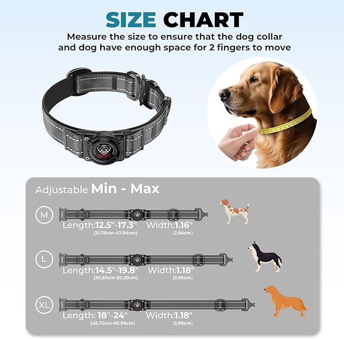 2025 Upgrade Airtag Dog Collar, Reflective Dog Collar with Airtag Holder, IP68 Waterproof| Metal Buckle| Ultra-Durable| Comfortable Padded, GPS Dog Collars for Medium Large Dogs (Black,L)