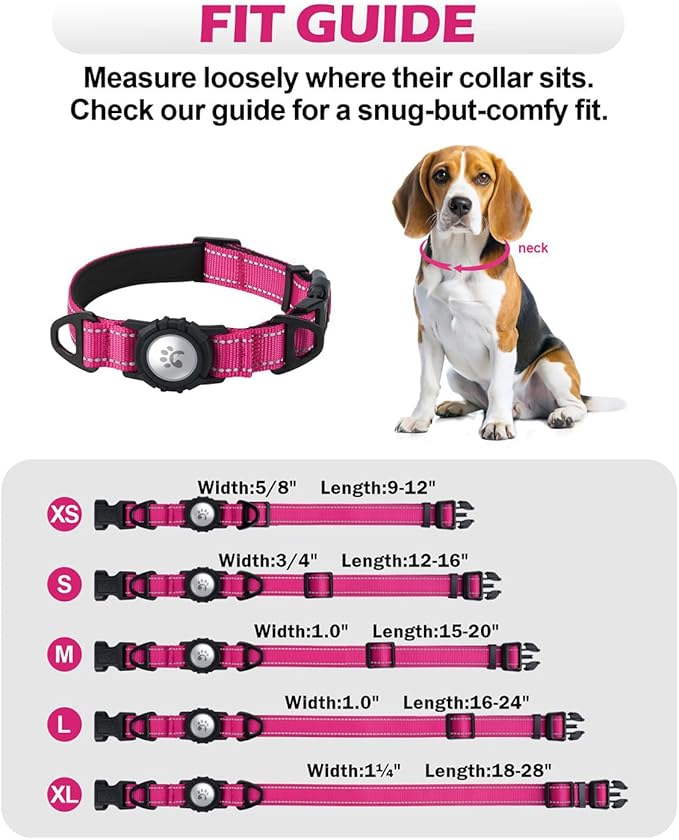 TagME Airtag Dog Collar,Waterproof Reflective Pet Collar with Airtag Holder,Soft Padded and Double D-Rings for Small Dogs,Hot Pink