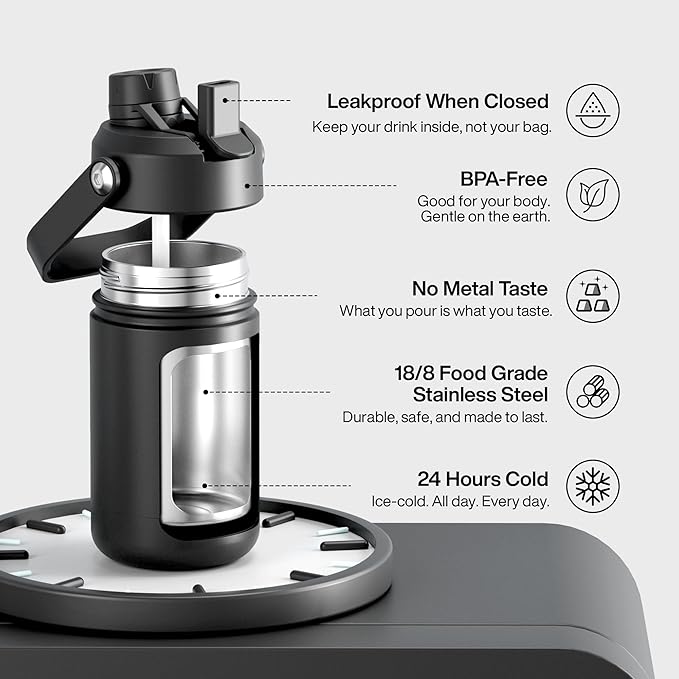 Kids Insualated Water Bottle with Straw - 12oz Stainless Steel Water Bottle with Dual Spouts, Leak-Proof, BPA-Free, Double Wall Vacuum Keeps Cold for 24 Hours for Sports, Travel, School (Black Night)