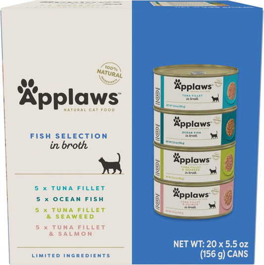 Applaws Natural Wet Cat Food in Broth, Limited Ingredient Canned Wet Cat Food, No Additives, Made with Natural Ingredients, Fish Selection in Broth Cans (20 x 5.5 oz Cans)