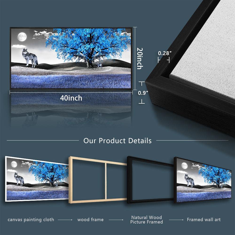 Framed Canvas Wall Art For Living Room Family Wall Decorations For Bedroom Modern Office Wall Decor Paintings Blue Tree Landscape Pictures Artwork Canvas Art Prints Home Decor Black Frame 20" X 40"