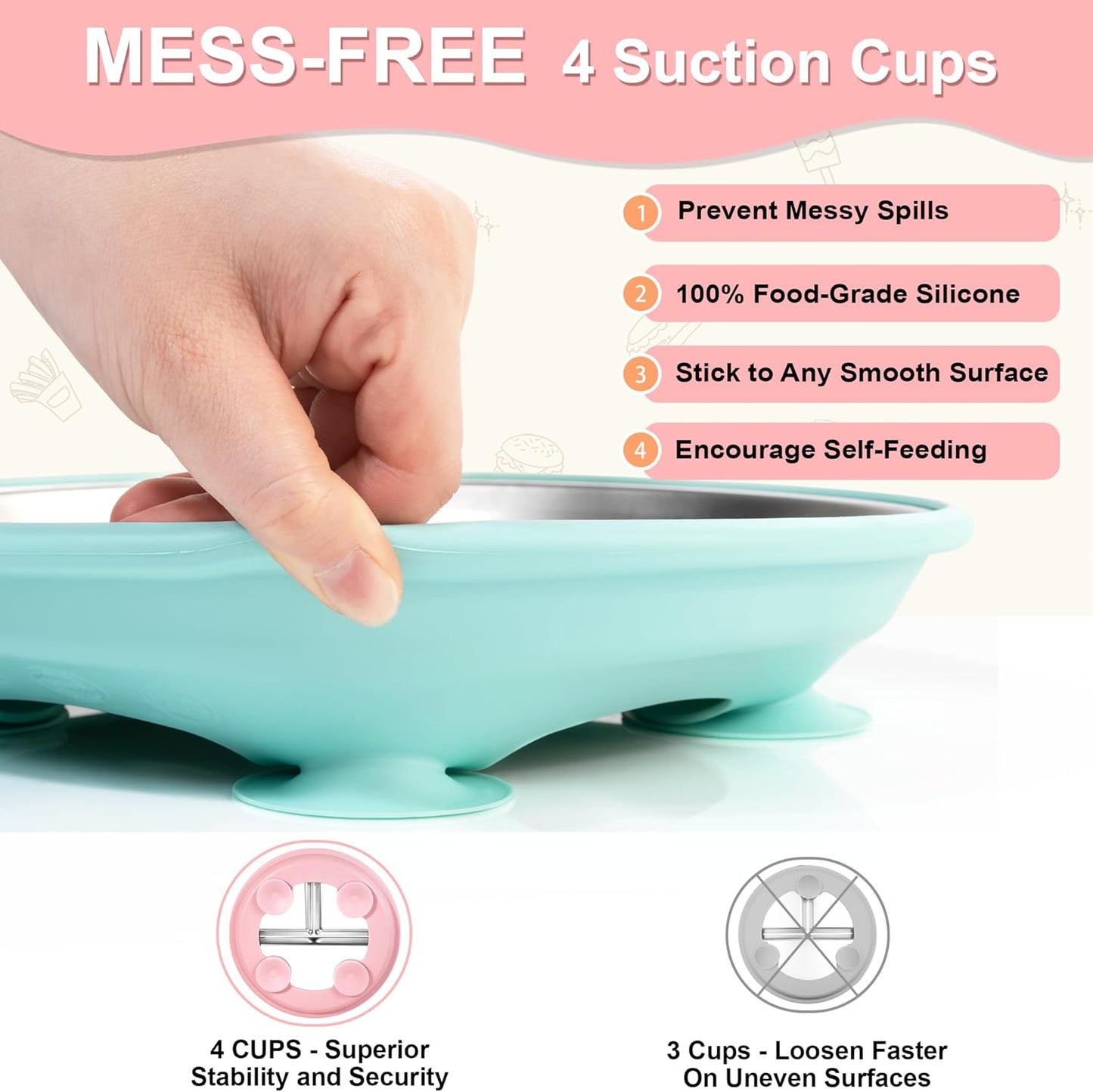 Bella’s Friends Stainless Steel Baby Plates with Suction 3 Pack, 9” Divided Toddler Plates with Removable Silicone Sleeves for Mess-Free Feeding, Non-Toxic, Non-Slip, Dishwasher Safe, Gray,White,Green