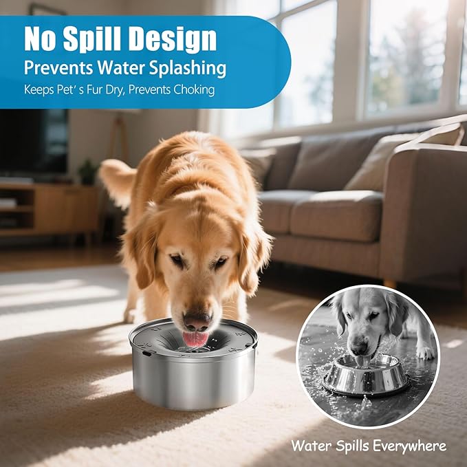 SCHITEC Dog Water Bowl No Spill 3L/0.8 Gallon Slow Drinking Anti-Splash Stainless Steel Dog Bowl with Floating Disk, Spill Proof Pet Travel Water Dispenser for Sloppy Messy Drinkers(Gray)