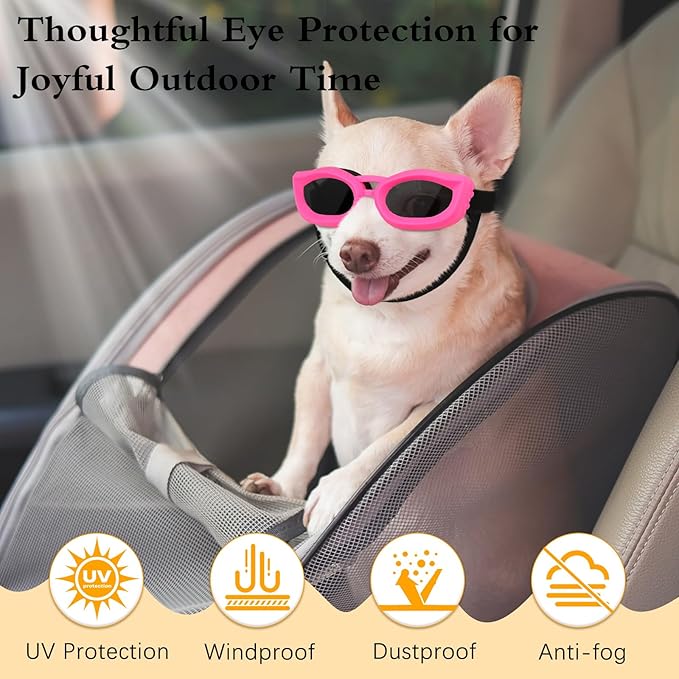 Dog Sunglasses Small Breed, Small Dog Goggles with Adjustable Straps, UV/Wind/Dust/Fog Proof Dog Eye Protection Sunglasses for Outdoor Car Driving Riding, Pink