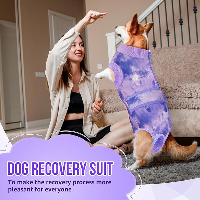 Lukovee Recovery Suit for Dogs, Zipper On Recovery Suit for Female Male Dog, Onesie Abdominal Wounds Cone E-Collar Alternative Prevent Licking Spay Recovery Suit (Medium, Purple Tie-dye)