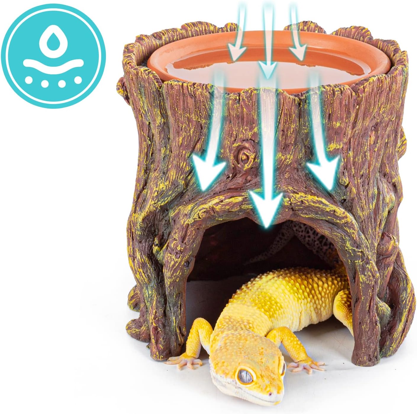 REPTIZOO Reptile Hide Cave Resin Moisture Keeping Reptile Cave with Clay Water Basin Humidifying Help Shedding for Leopard Gecko