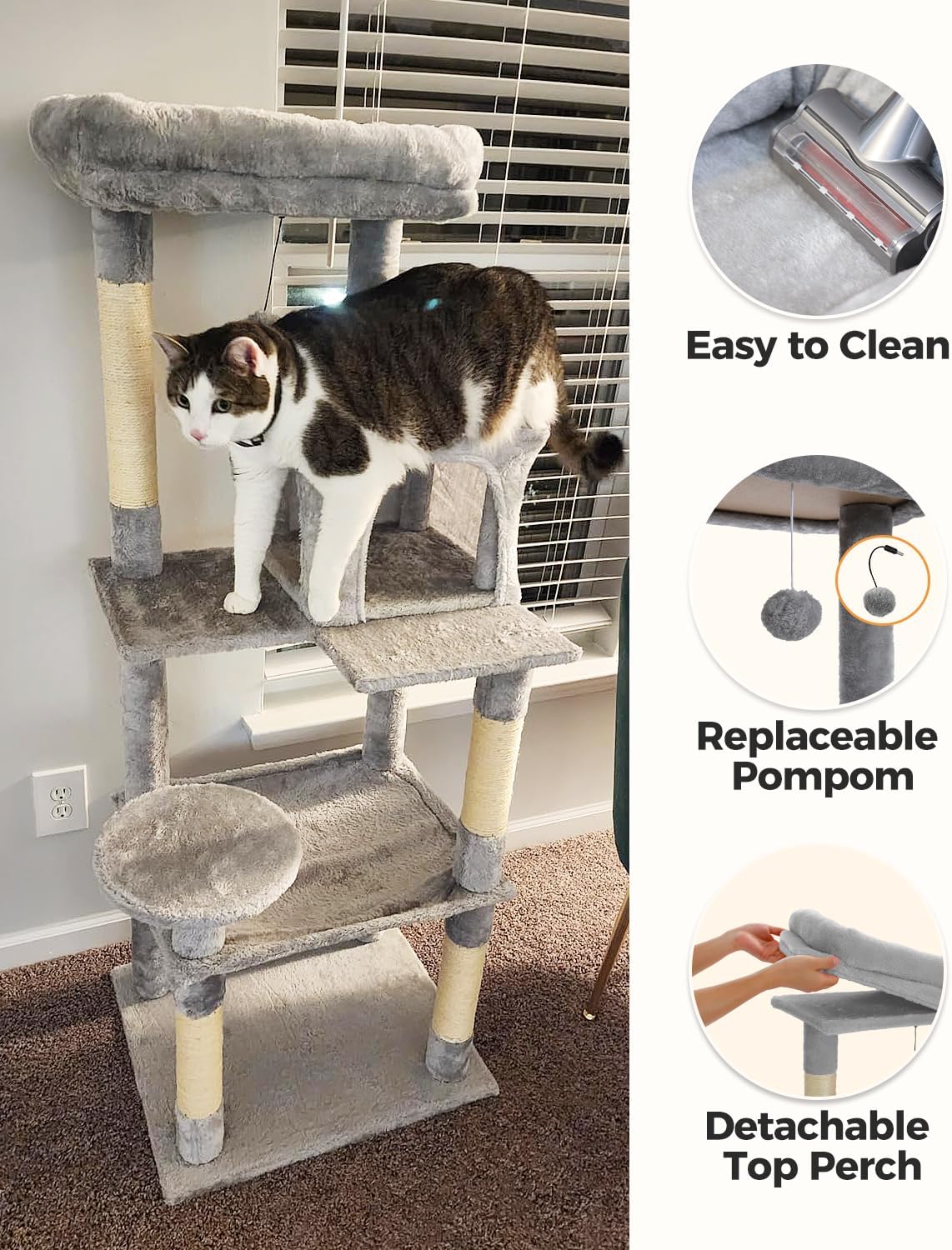 Cat Tree for Large Cats Adult with Metal Plush Big Hammock, 56.3" Cat Tower with 2 Door Condo House, 6-Tier Cat Shelves with Scratching Posts and Large Top Perch, Gray