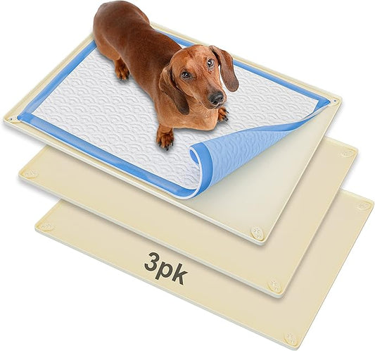 Skywin TidyFriend 3 Pk Pee Pad Holder Tray for 30” x 23” Pee Pads with Corner Lock Holes, Raised Edges, Non-Spill, Easy to Clean Silicone Dog Potty Tray Holder, for Indoor Floor Protection (Beige)