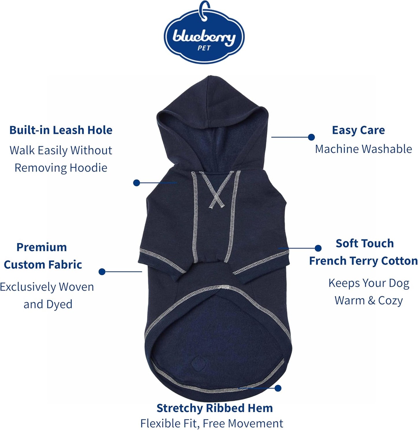 Blueberry Pet Hoodie – 12″ Soft Cotton-Terry Winter Sweatshirt, Midnight Blue, Award-Winning Small-Dog Jersey