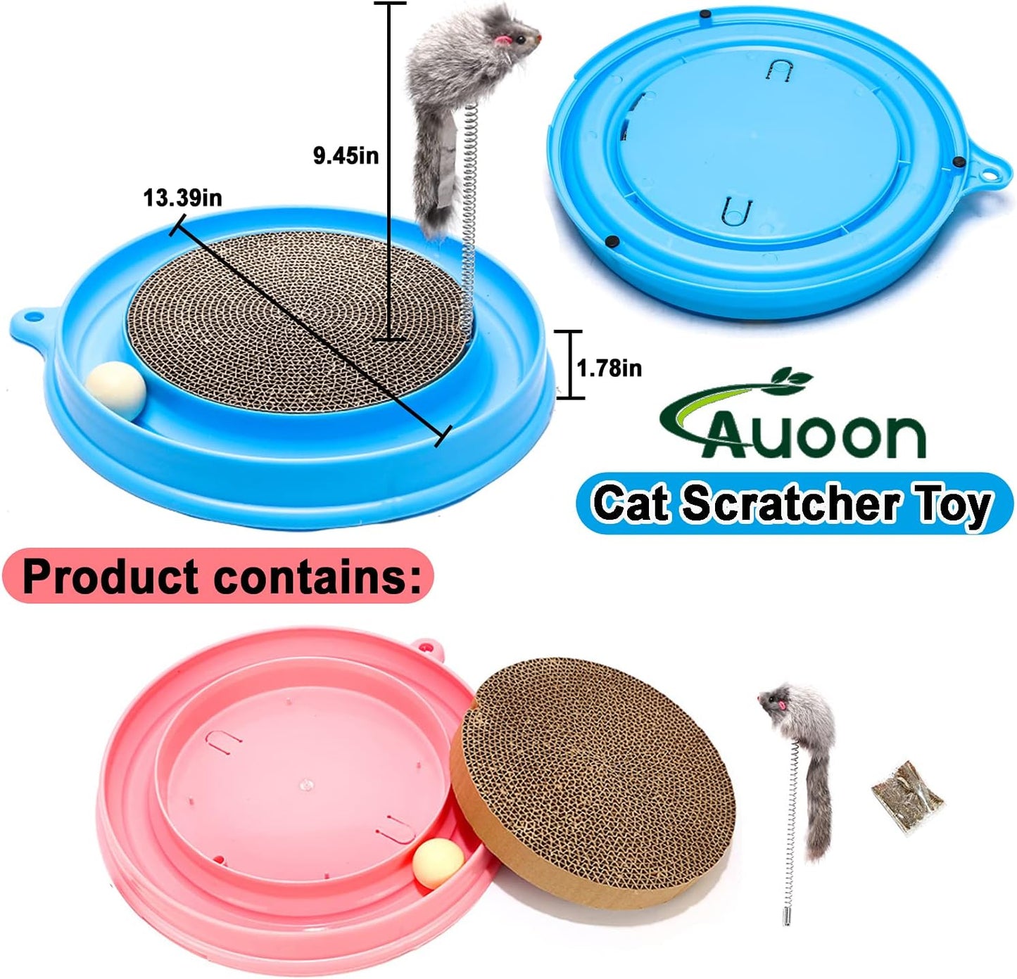 AUOON Cat Scratcher Toy - Cat Scratch Pad with Cat Toy Ball Track and Plush Mouse Toy for Indoor Cats and Kittens (Blue)