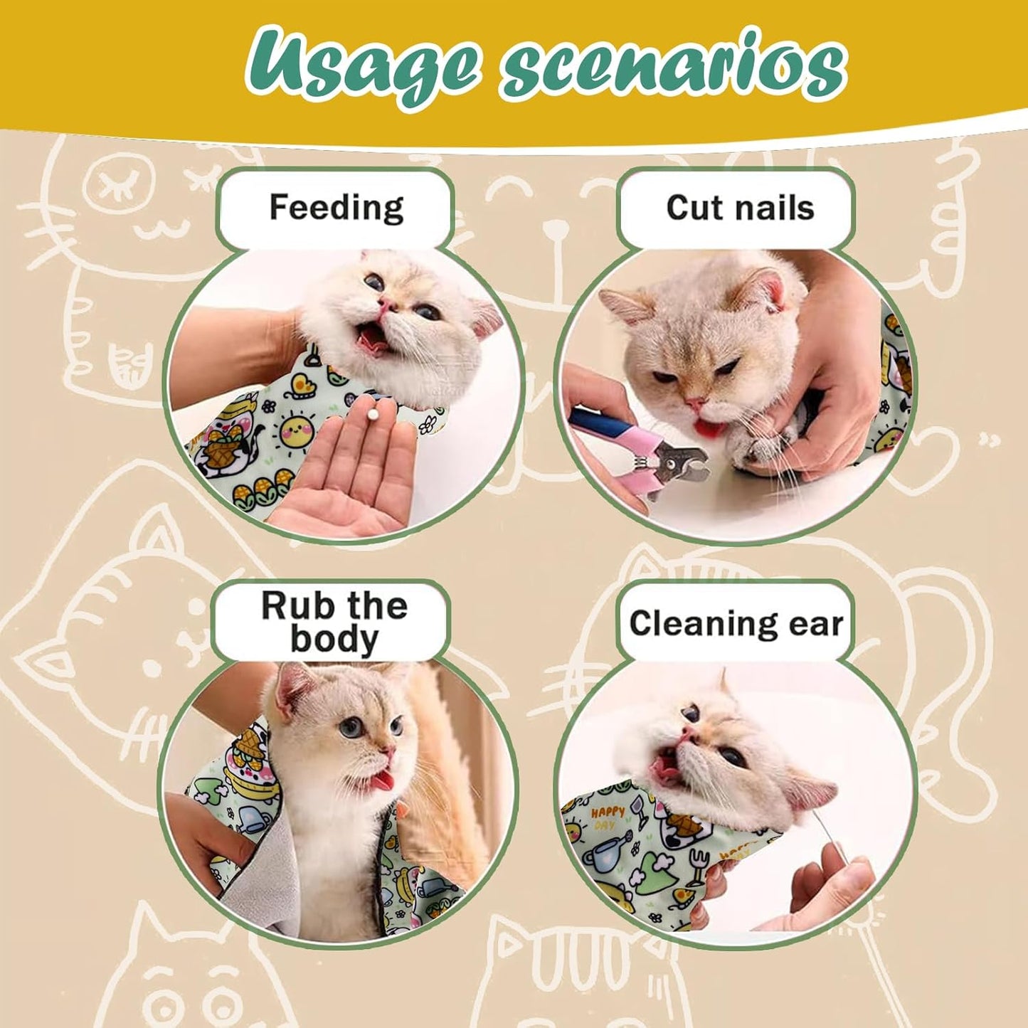 Cat Wrap for Cutting Nails and Grooming(27"x27"),Cat Restraint Wrap for Nail Clipping, Self-Adhesive Fabric Cat Swaddle Burrito Wrap for Nail Trimming (Cow Style)