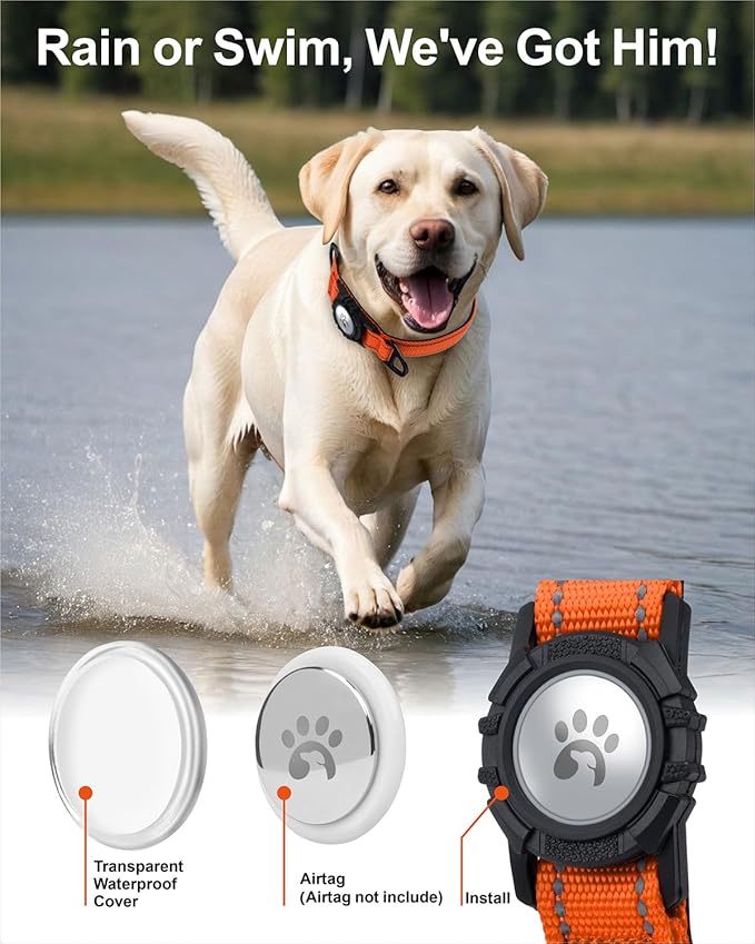 TagME Airtag Dog Collar,Waterproof Reflective Pet Collar with Airtag Holder,Soft Padded and Double D-Rings for Extra Large Dogs,Orange