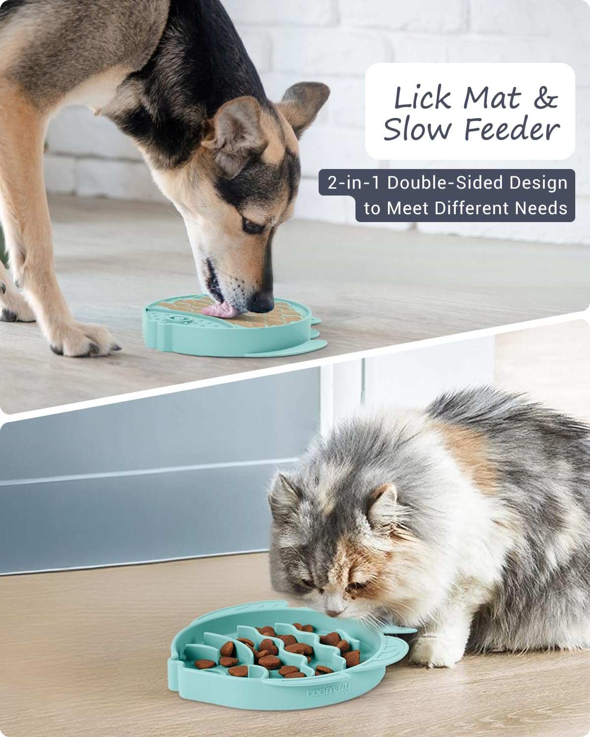 Coomazy 2-in-1 Silicone Slow Feeder Dog Cat Bowls, Lick Mat Interactive Puzzle Toy for Pets Dry/Wet Food Training, Keeps Dogs Cats Busy, Prevents Puppy Kitty Overeating (Cyan, 1.2 Cup)