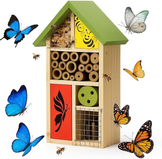 Premium Bug Hotel Kit Cedar Wood Insect Hotel Insect House - Backyard Bee House, Nesting Habitat Shelters, Garden Shelter for Bees, Butterflies, Bugs,Heavy Duty Thickness Colorful