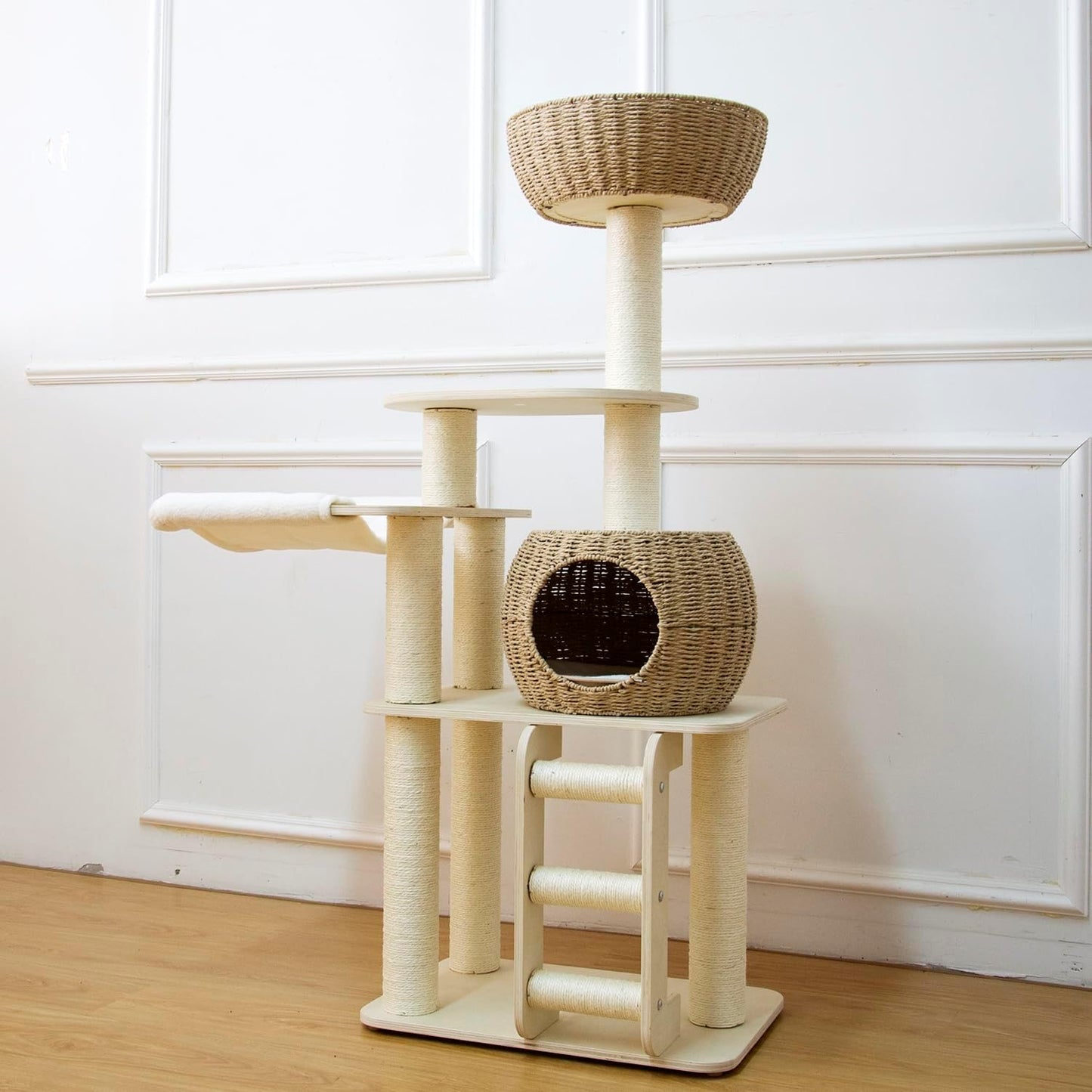 54 Inch Cat Tree for Indoor Cats, Tall Wooden Cat Tower with Scratching Posts, Rattan Condo and Perch, Multi-Level Cat Climber, Stylish Pet Furniture