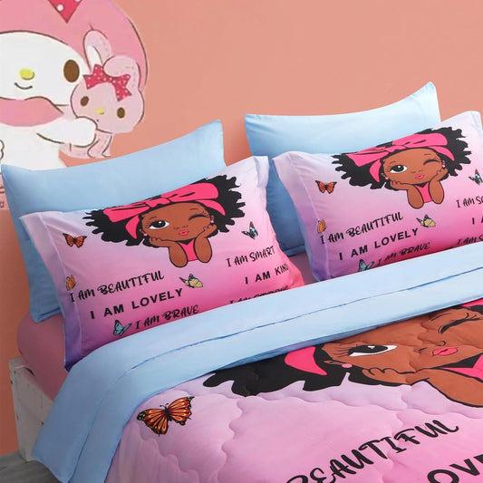 7 Piece Black Girls Magic Comforter Sets Queen Size African American Girl Bedding Set Bed in A Bag for Girls Kids Teens Inspirational Quotes Pink Blue Quilts Room Decor