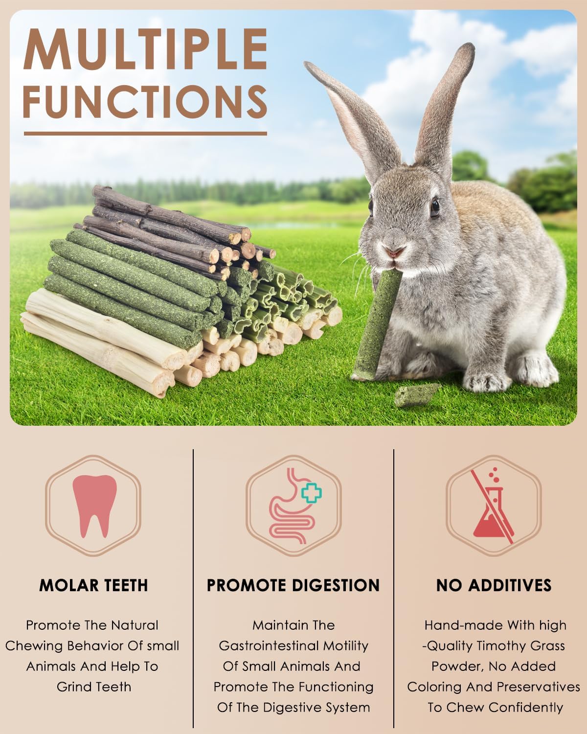 Bissap 60 PCS Rabbit Chew Sticks, Sweet Bamboo Timothy Hay Chew Stick Papaya Stems Apple Branch Bunny Chews for Rabbit Hamster Chinchilla Guinea Pig Small Pet Natural Molar Treats