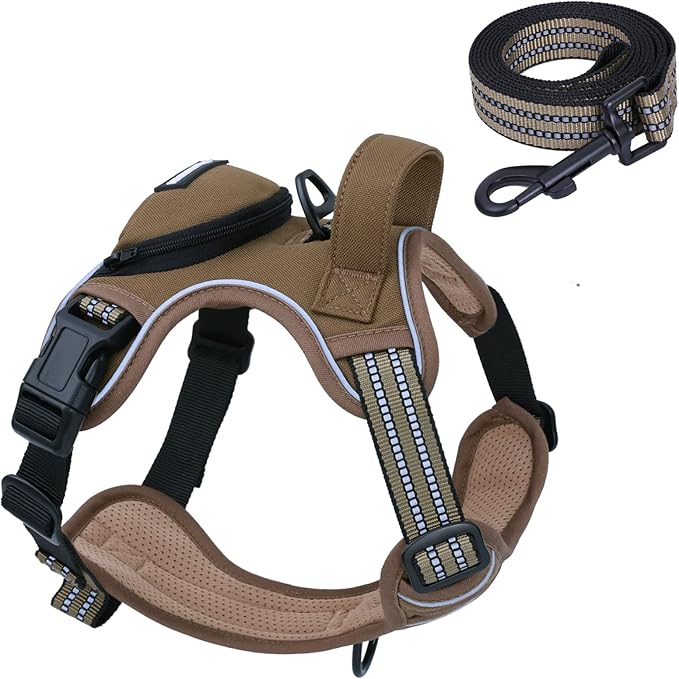 No Pull Dog Harness for Large Dogs, Adjustable No Choke Pet Vest with Dog Leash Fit Smart Reflective Pet Walking Harness for Training Easy Control Soft Handle Brown L