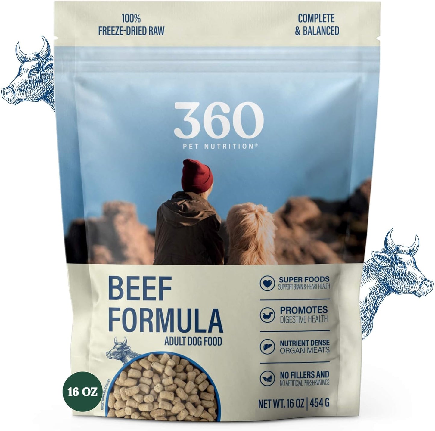 360 Pet Nutrition Freeze-Dried Raw Dog Food – Beef Recipe with Liver & Organs, High Protein with Omega-3s, Fruits, Veggies & Superfoods, Grain-Free, No Fillers, 1 lb – Made in USA