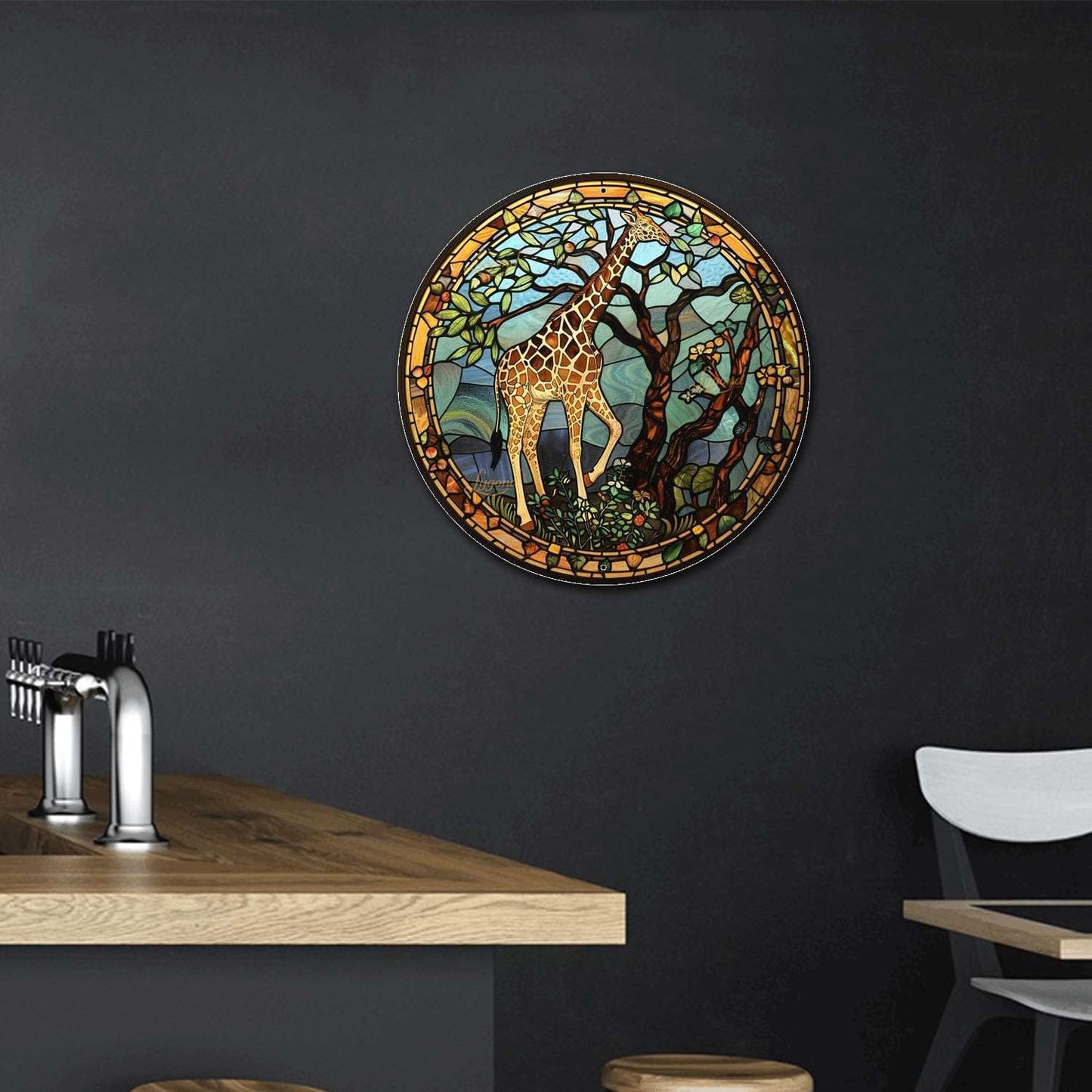 Lygond Metal Sign Tin Sign Circular Stained Glass Giraffe Bathroom Signs for Home for Gift 12×12 Inches