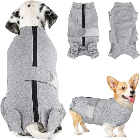 Lukovee Recovery Suit for Dogs, Zipper On Recovery Suit for Female Male Dog, Onesie Abdominal Wounds Cone E-Collar Alternative Prevent Licking Spay Recovery Suit (Small, Grey)