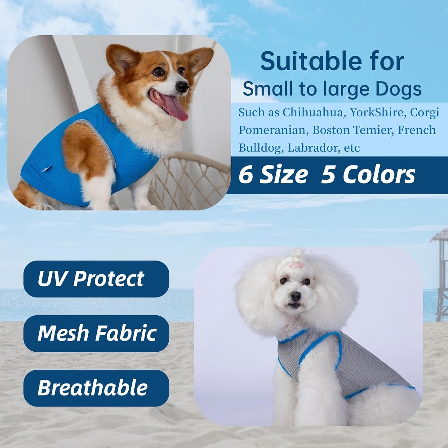 2 Pack Cooling Shirts for Dogs, Breathable Lightweight Dog Shirts for Medium Dogs Boy, Sleeveless Sun Protection Shirts for Dog&Cat Puppy Vest Pet Apparel