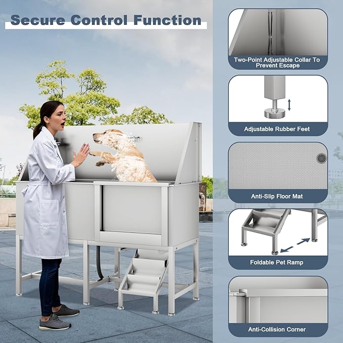 50" Pet Dog Bathing Station, Stainless Steel Dog Bathtub W/Ramp, Floor Grate, Dog Bath Brush, Washing Gloves for Home, Professional Dog Washing Station for Pets (50 Inch Left Door)