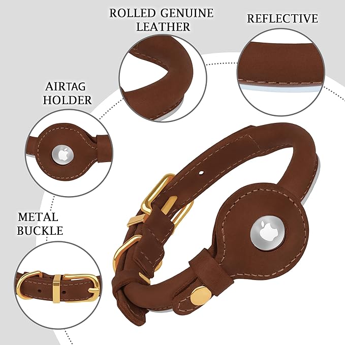 OOPSDOGGY Rolled Leather Dog Collar with Airtag Holder - Reflective Round Airtag Dog Collar - Soft Tracking Pet Collar for Small Dogs Puppy Cats Kitten (Brown, L, 14"-18")