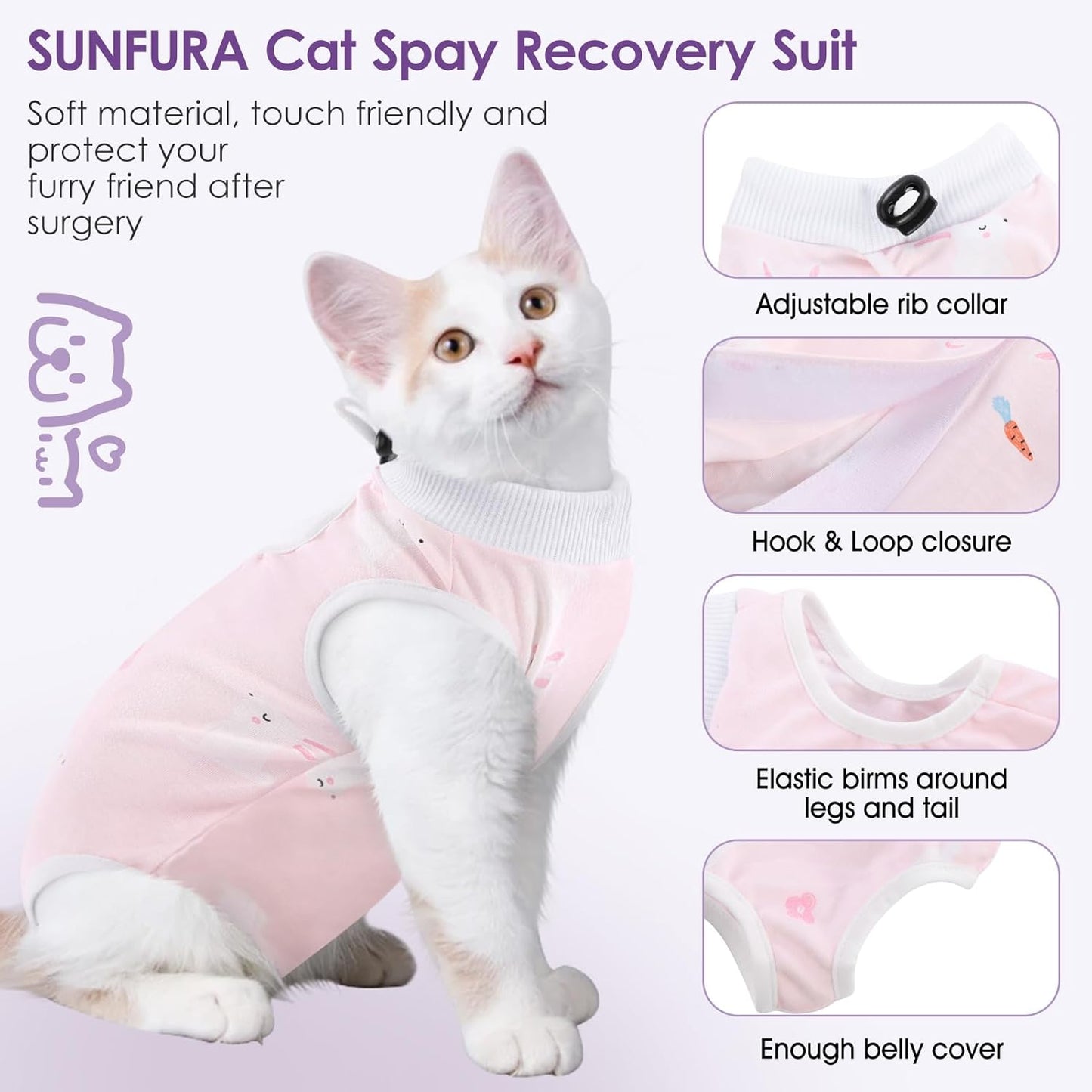 SUNFURA Cat Recovery Suit, Kitten Surgical Full Bodysuit for Abdominal Wound Protector Anti Licking After Surgery, Professional Bandages Cone E-Collar Alternative for Small Male & Female Pets