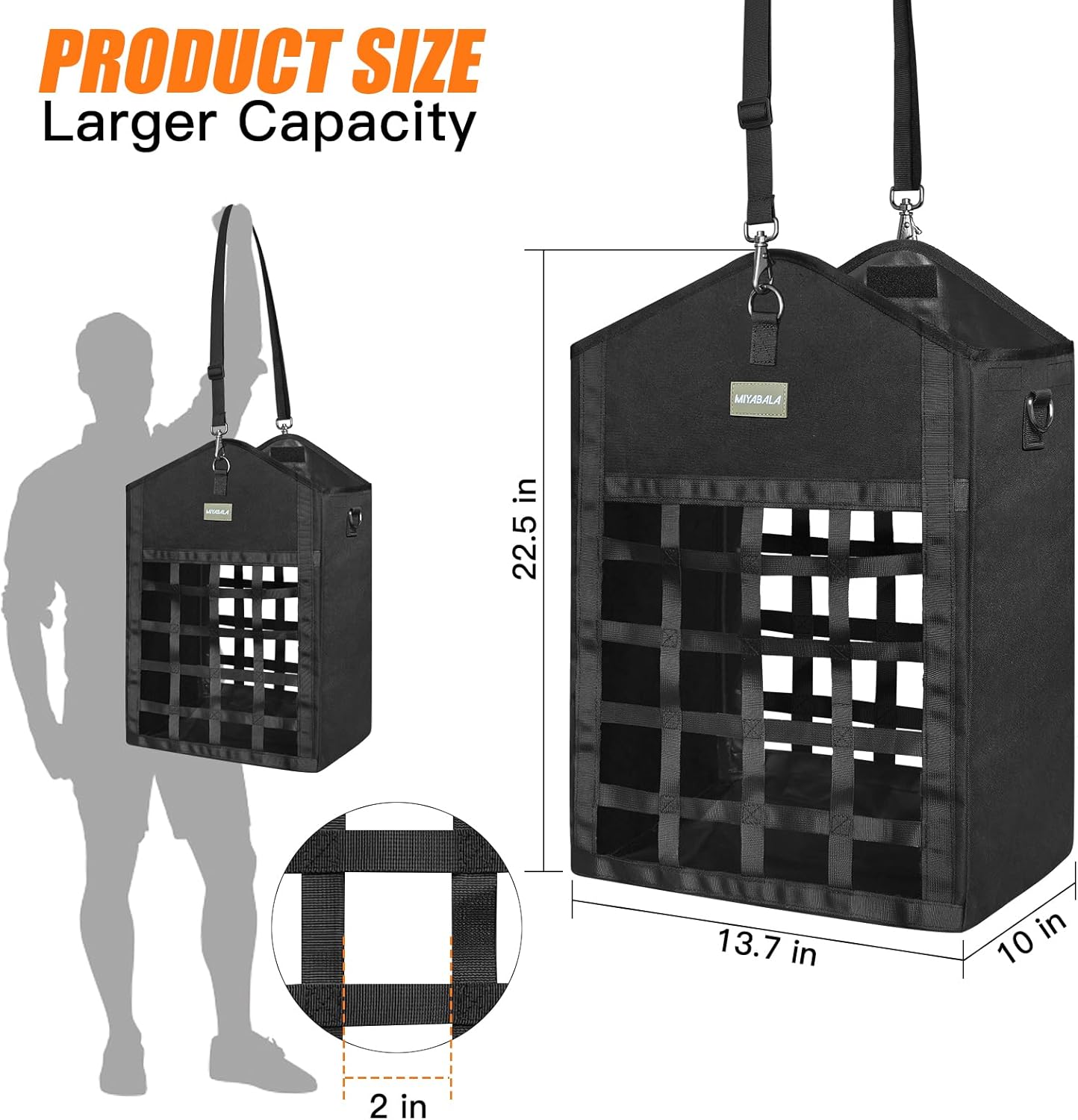 Hay Bags for Horses,Two-Sided Premium Oxford Slow Feed Hay Bags for Goats,Sheep,Donkey,Large Top Opening with Hook-and-Loop Seals,Easy to Hang with Adjustable Strap (Black, Large 1 Pack)