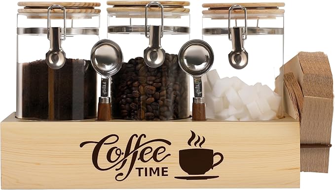 Glass Coffee Canister Set with Shelf & Spoons - 3 Piece Airtight Seal Coffee Bean Storage Containers & Filter Holder for Kitchen Organization