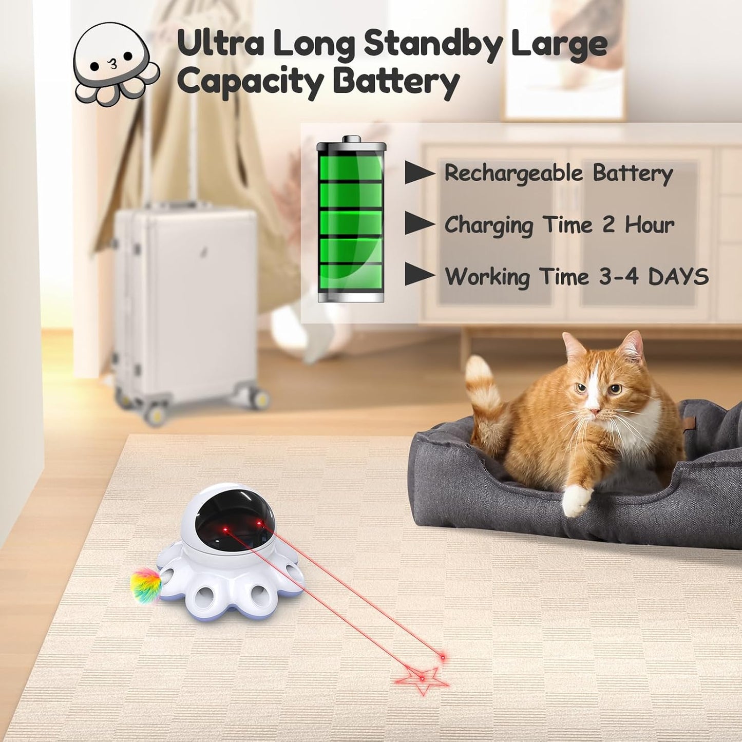 ORSDA Cat Laser Toy, 2-in-1 Interactive Automatic Motion Activated Moving 8 Holes Whack A Mole Feather, USB Rechargeable Electronic Smart Sensor Kitten Toys for Indoor Exercise