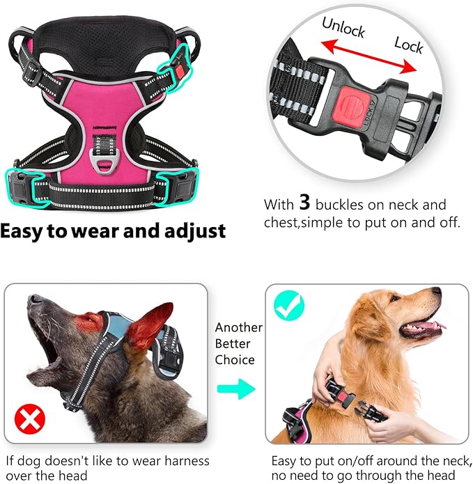 Timos Dog Harness, 3 Snap Buckles No-Pull Soft Padded Dog Vest with 2 Metal Leash Clips, Adjustable Reflective No Choke Pet Harness with Easy Control Handle for Extra Large Dogs,Rosy,L