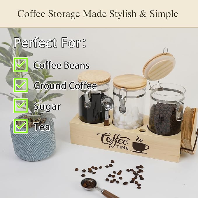 Glass Coffee Canister Set with Shelf & Spoons - 3 Piece Airtight Seal Coffee Bean Storage Containers & Filter Holder for Kitchen Organization