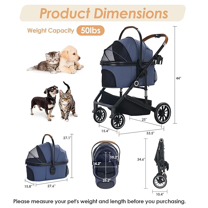 Pet Stroller with 4 Wheels, 3 in 1 Folding Puppy Strollers for Small/Medium Dogs Cats up to 50lbs, Lightweight Pet Travel Carrier with Detachable Cushion, Storage Basket and Cup Holder, Blue