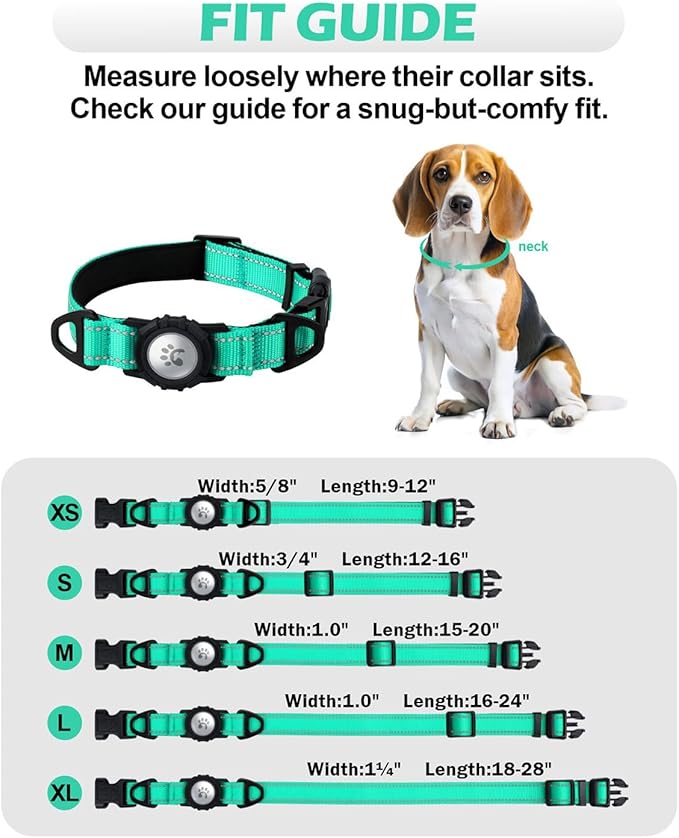 TagME Airtag Dog Collar,Waterproof Reflective Pet Collar with Airtag Holder,Soft Padded and Double D-Rings for Medium Dogs,Turquoise