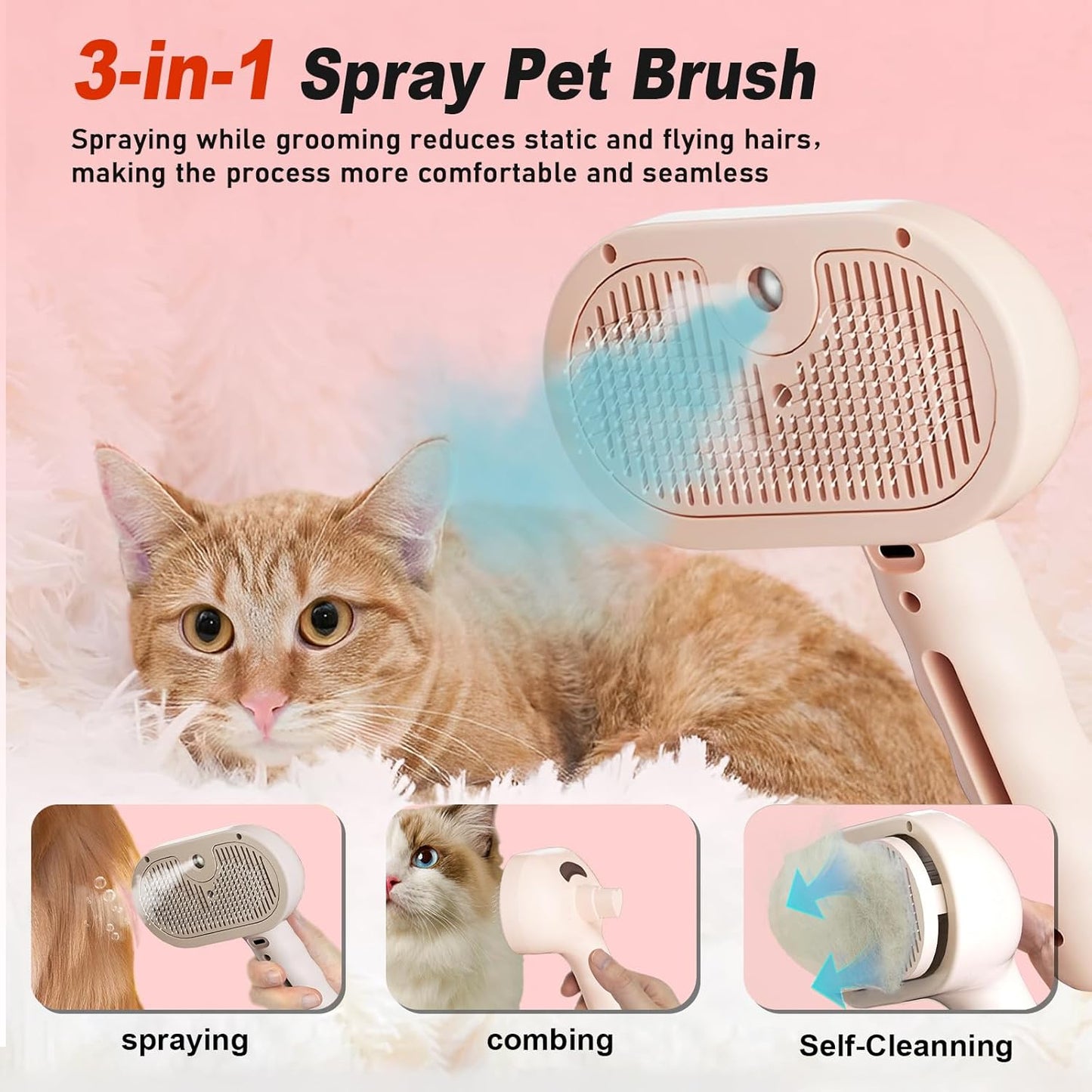 Dog Steam Brush 3 in 1 Cat Brush with Steam and Release Button Grooming Tool for Indoor Pets Dogs Hair Removal Shedding Water for Small Animals Long Short Haired(PINK)