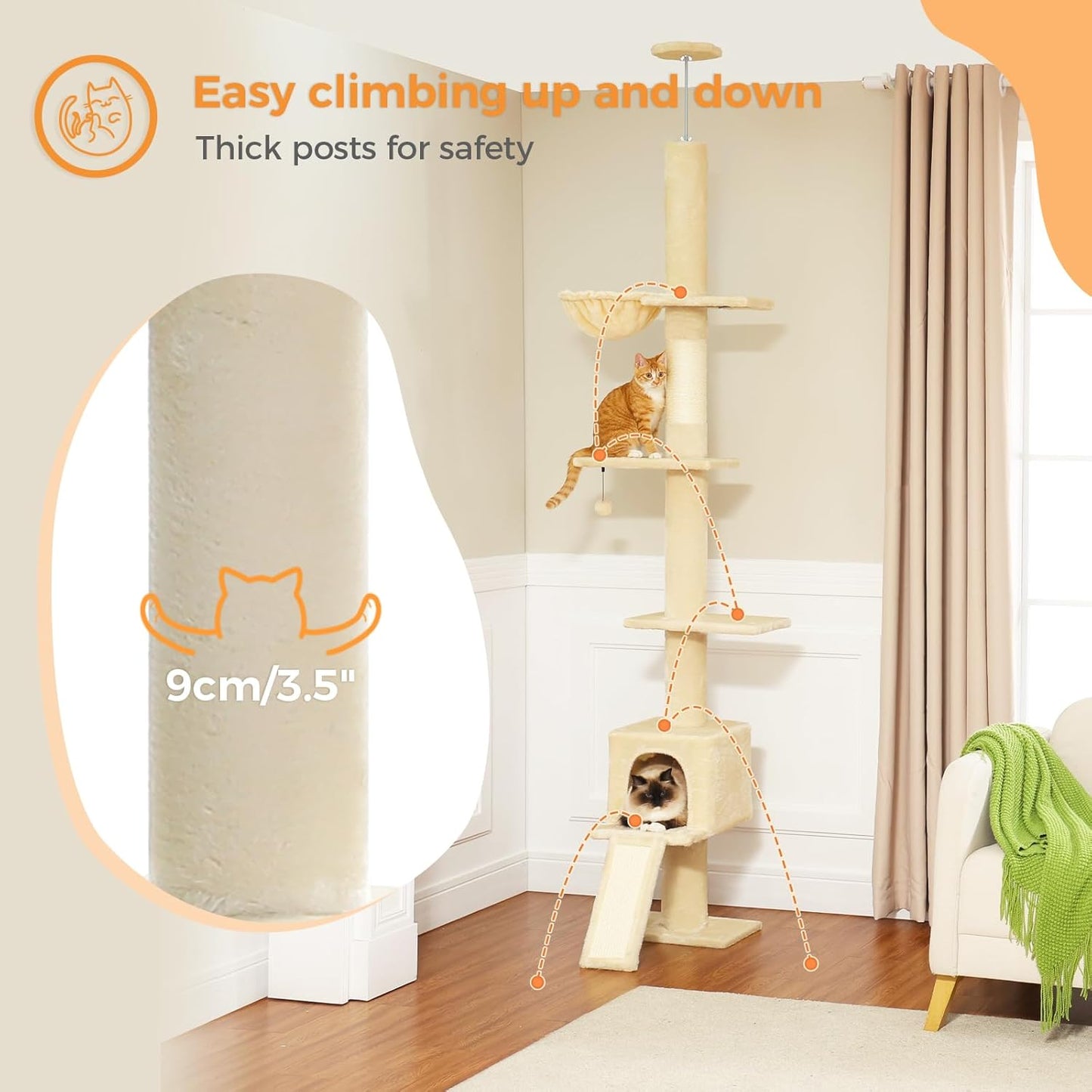 PEQULTI Floor to Ceiling Cat Tree, Tall Cat Tower, Adjustable Height (83''-108'') 5 Levels Climbing Tree for Indoor Cats with Cat Condo, Cozy Hammock and Scratching Post, Beige