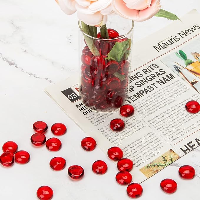 FUTUREPLUSX 1LB Red Glass Beads, Flat Glass Marbles Burgundy Pebbles Marbles for Vases Decorative Red Colored Gemstones Fish Tank Table Scatter Decor Art Craft