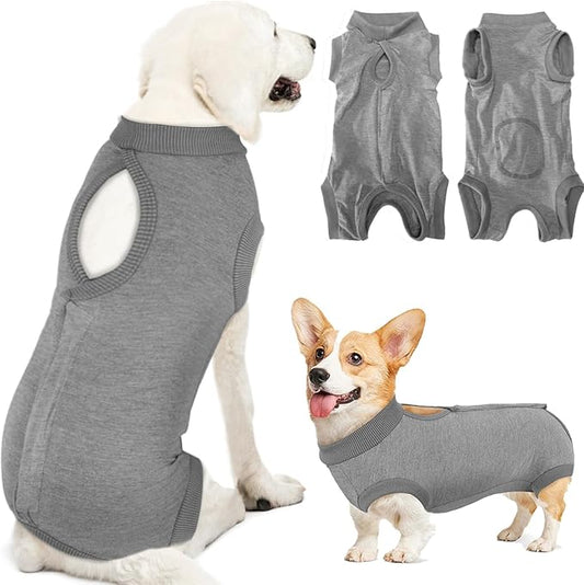 Lukovee Recovery Suit for Dogs, Onesie Surgery Recovery Suit for Female Male Dogs, Abdominal Wounds Cone E-Collar Alternative Prevent Licking Spay Recovery Suit (GY,XL)