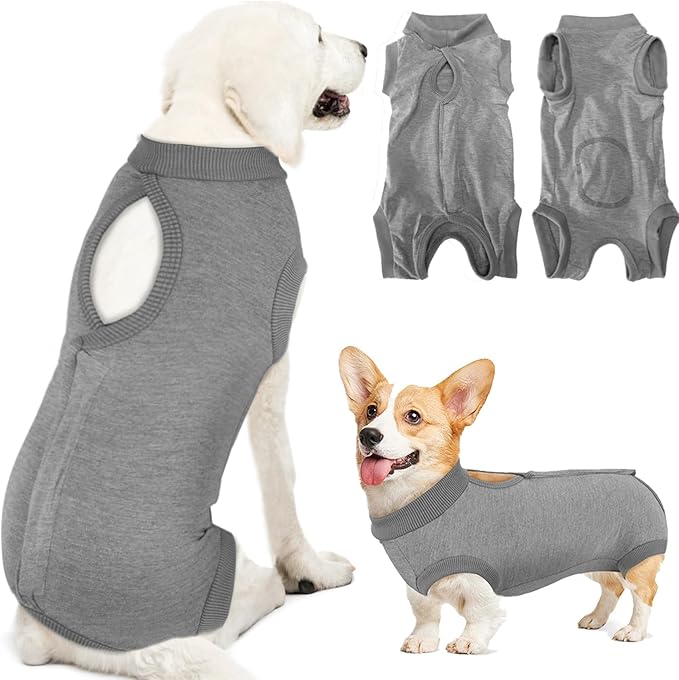 Lukovee Recovery Suit for Dogs, Onesie Surgery Recovery Suit for Female Male Dogs, Abdominal Wounds Cone E-Collar Alternative Prevent Licking Spay Recovery Suit (Grey,Large)