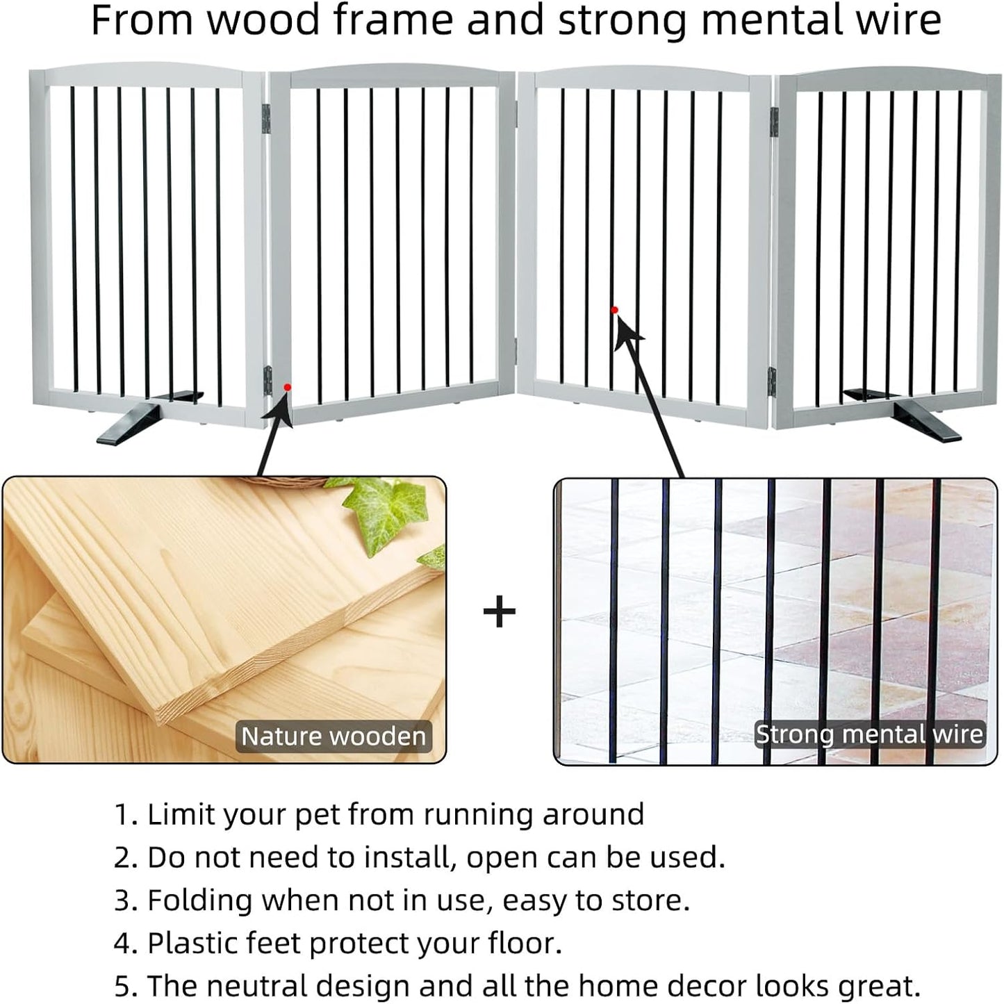ZJSF Freestanding Panel Gate for Indoor Doorways, Stairs, or Hallways - Foldable White Wooden Dog Gates - Support Feet Included - 32" Height - 4 Panels
