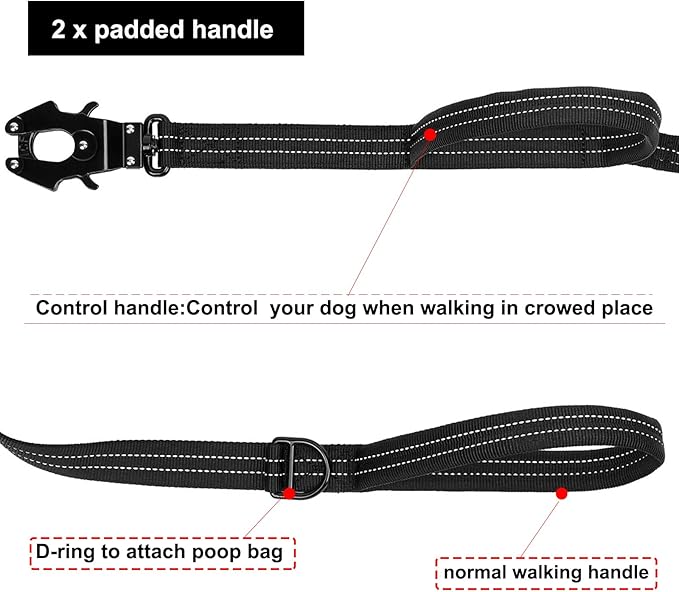 ICEFANG Tactical Dog Leash,K9 Training Walking Bungee Lead with 2 Control Handle,Heavy Duty Quick Release Metal Clasp,Hands Free D-Ring for Medium Large Dogs (4ft,Reflective Black)