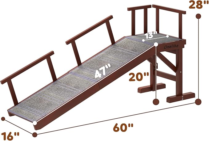 Onelike Wooden Dog Ramp for Bed with Removable Side Rail and Non-Slip Carpet, Stable Pet Ramp Stair for Couch Sofa for Small & Large & Senior Dogs, 60" Long Ramp Brown