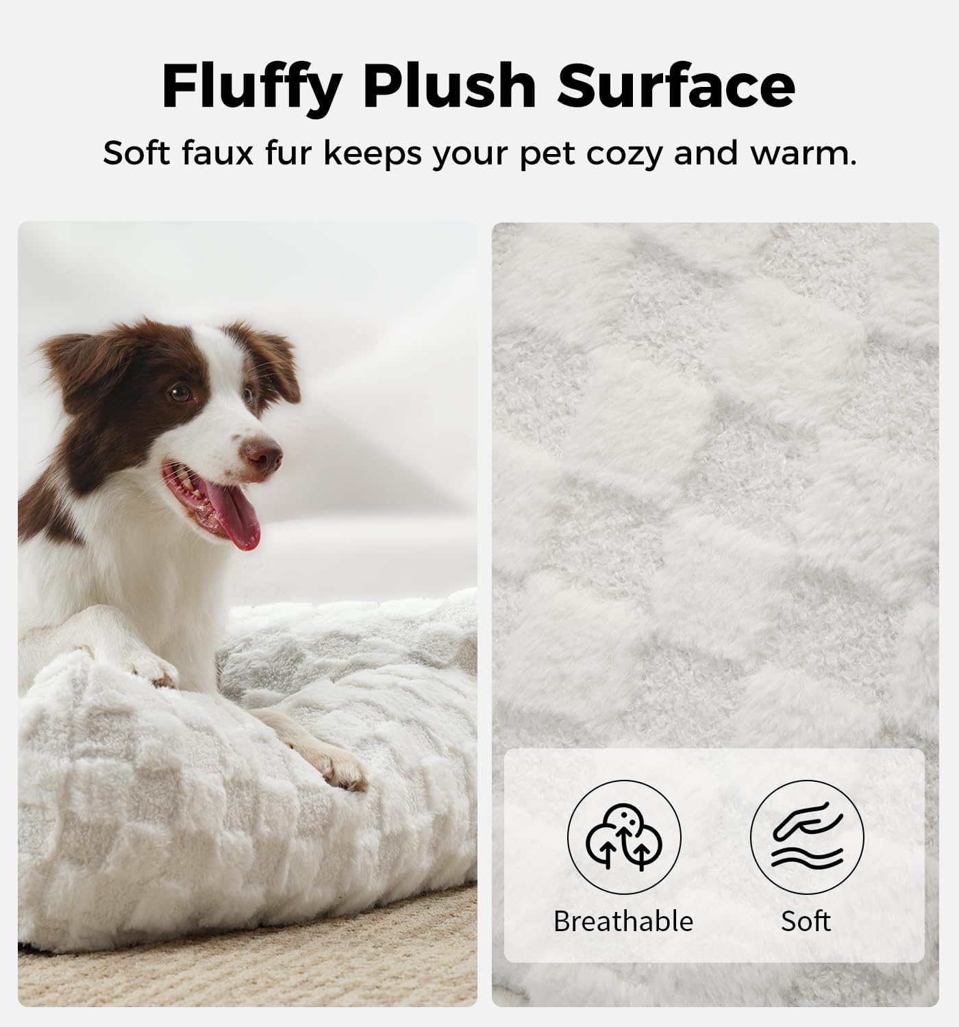 Made4Pets Dog Couch Bed, Soft Faux Fur Checkered Pet Sofa, Comfortable Fluffy Dog Sofa with Supportive Foam, Removable Washable Cover with Non-Slip Base, White, Large