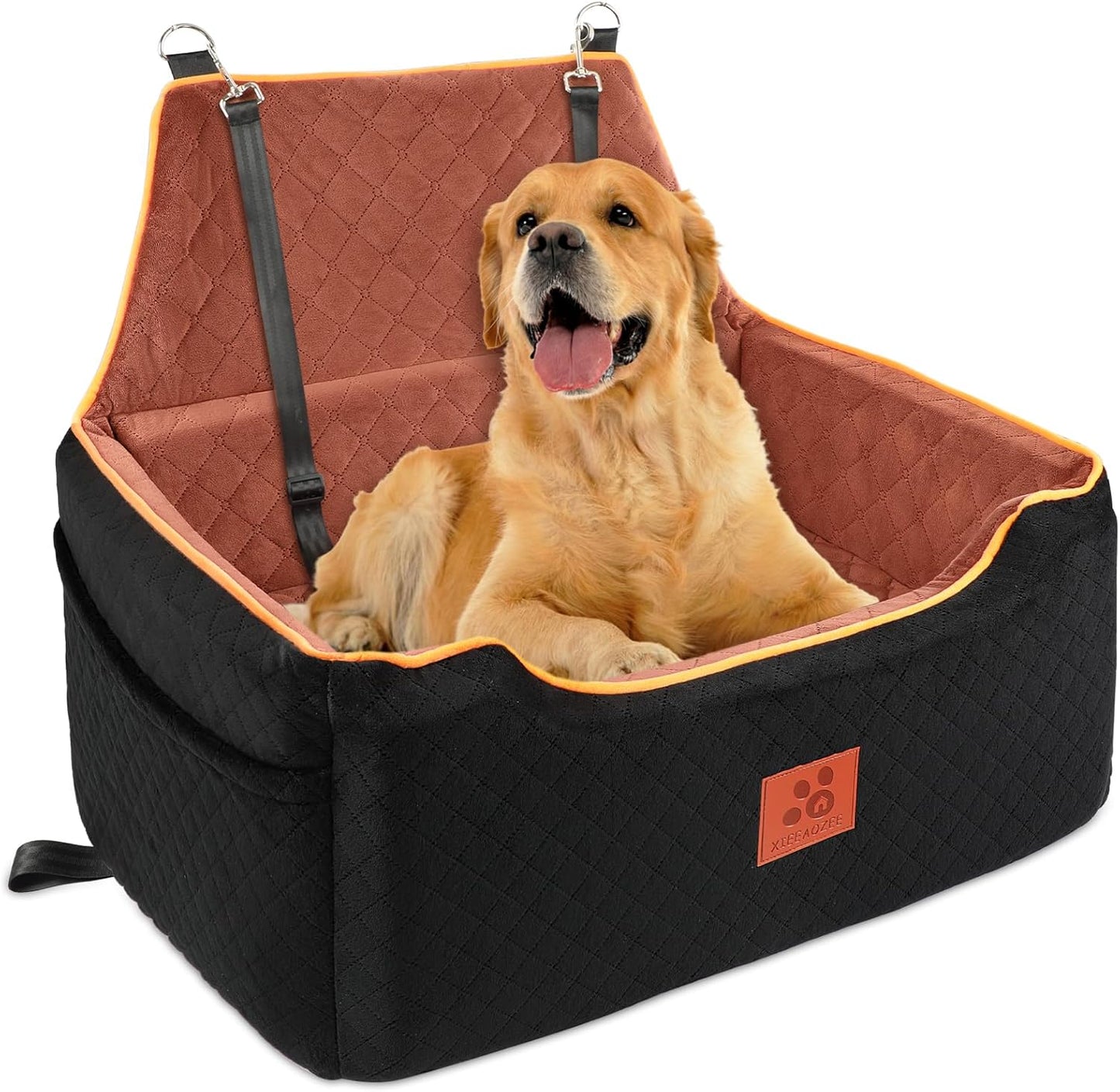 Dog Car Seat for Large/Medium Dog, Booster Seat for Dogs Under 55Lbs or 2 Small, Detachable and Washable Travel Pet Seat with Thick Cushion and Storage Pockets (Black/Brown)